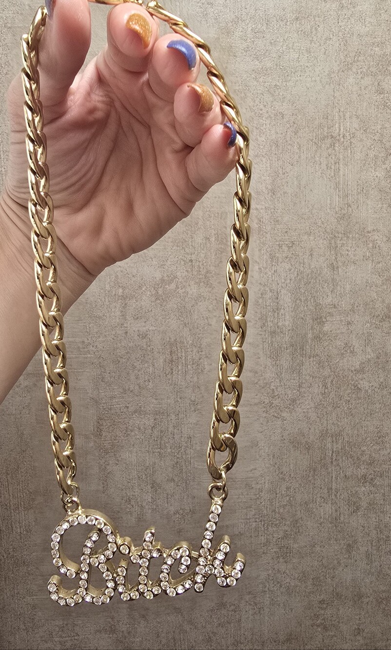 Gold Tone 'Rich' Crystal B WORD Necklace Chain... High Quality...